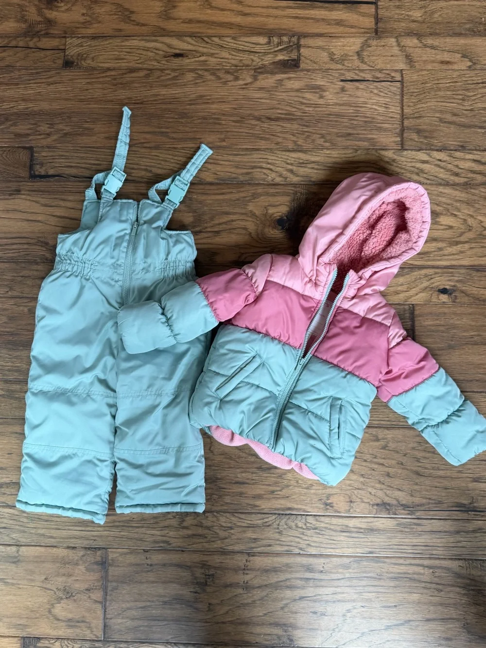 Toddler Two-Tone Pink and Light Green Puffer Jacket with Matching Snow Bibs